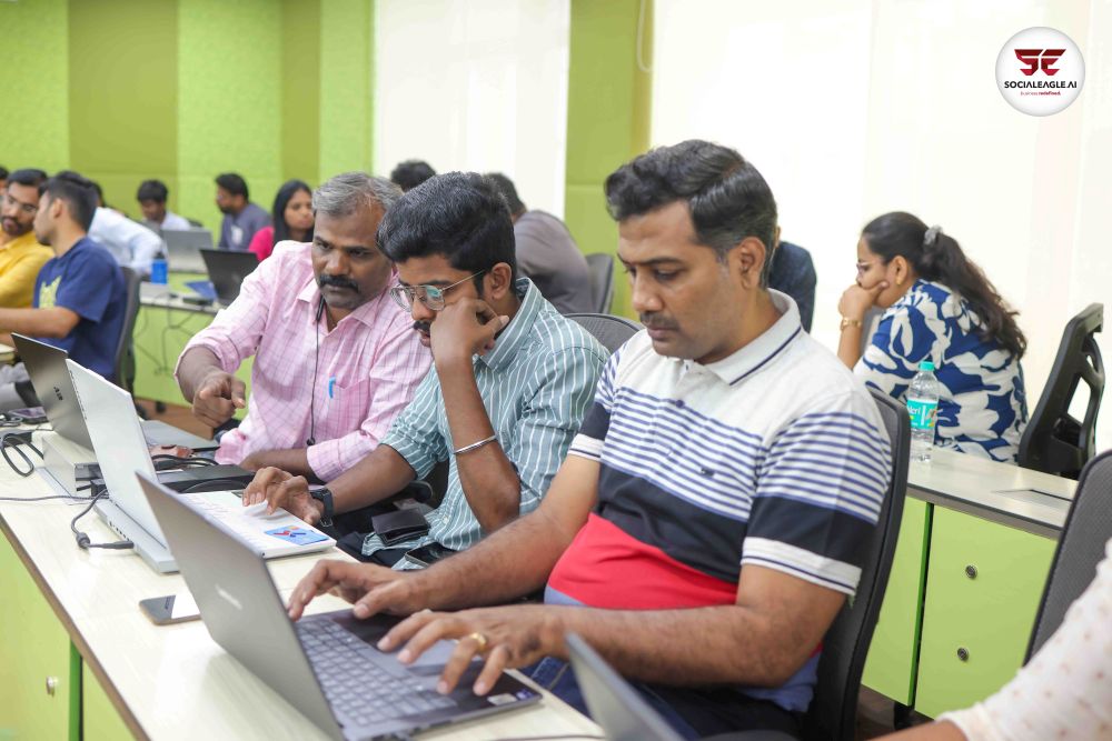 Group photo with certificate and Social Eagle AI branded clothing