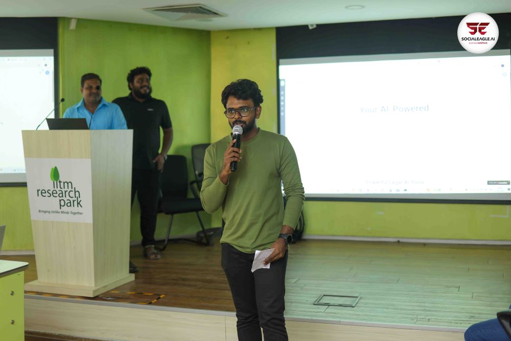 Young man speaking at microphone in classroom